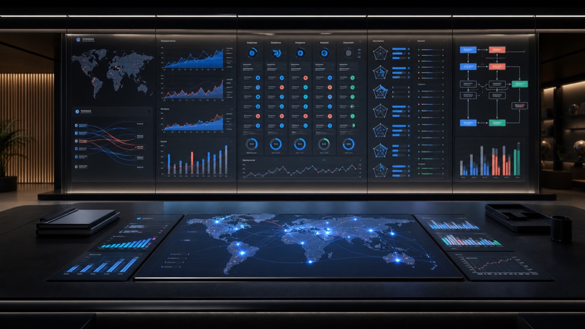 A business intelligence workspace displaying global market signals, competitor comparisons, and decision workflows